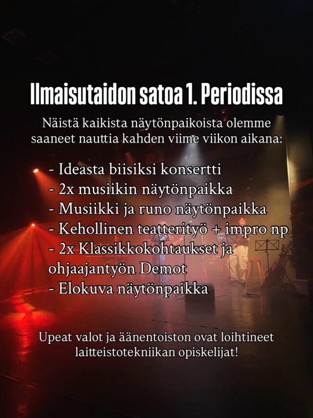 Ilmaisutaito näkyy ja kuuluu TYKissä isosti! Jokaisen periodin alussa saamme nauttia lukuisista edellisessä periodissa valmisteluista näytönpaikoista. 🎶💃🎥🎭

Näytönpaikkojen lisäksi osalla opintojaksoista käydään vierailuilla myös koulun ulkopuolella. ✨

Itsensä ilmaisu on tärkeää paitsi tekijöille myös kokijoille. Hurraa yhteisöllisyys ja taide!

#tyktre #ilmaisutaito #lukio