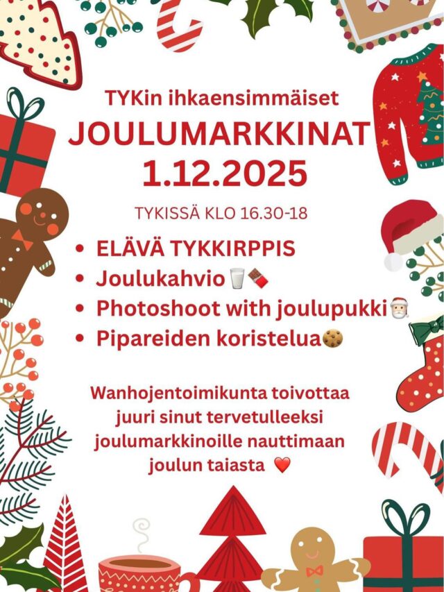 Koulumme wanhojentoimikunta järjestää tykin ensimmäiset joulumarkkinat! Tapahtumaan ovat tervetulleita opiskelijoiden lisäksi kotiväki sekä alumnit. Tapahtuma on ilmainen.

Tykkirpppis on opiskelijoiden ryhmä missä voi kirppistyylisesti myydä vaatteita, käsitöitä jne. Joulumarkkinoilla tykkirppis herää eloon! 

Mikäli sinua kiinnostaisi tulla tapahtumaan myyjäksi, löytyy ilmottautumislinkki sekä lisätietoa tapahtumasta
opiskelijoiden tyktyk-ryhmistä, tykkirppis-ryhmästä ja wanhojen toimikunnan ig-tililtä @tykwanhat26.  Laita rohkeasti viestiä toimikunnalle, jos jokin mietityttää. 🫶🏻

❤️: wanhojen toimikunta