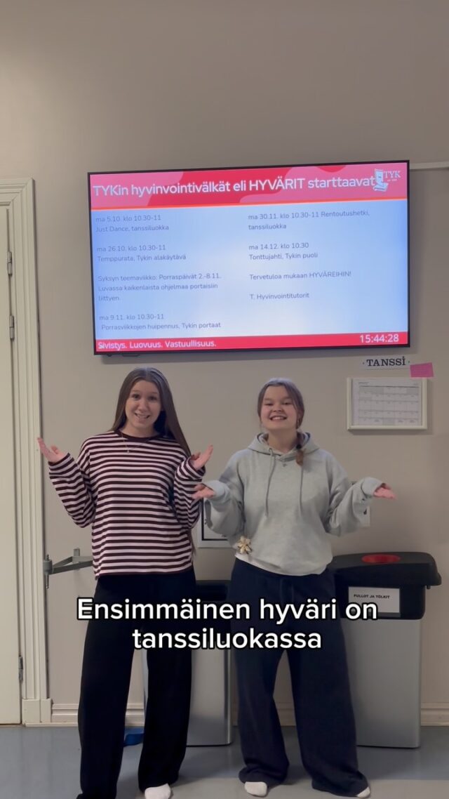 Huomenna alkaa HYVÄRIT! 😍 Tulkaa kaikki tanssiluokkaan klo 10:30! 🕺🎶

#tyktre #hyväri #lukio #hyvinvointi