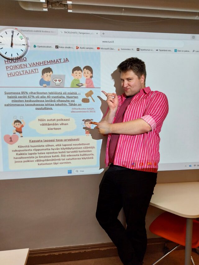 Median valta -opintojaksolla Kari Söderqvist Tampereen yliopiston TACKLEHATE -hankkeesta kertoi vihapuheesta ja sen ehkäisemisestä sosiaalisessa mediassa. Luennon inspiroimina median opiskelijat saivat 15 minuutissa aikaan upeita vihapuheen vastaisia ja vihapuheelta suojautumiseen ohjaavia julisteita.

#tyktre #media